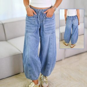 Women's Loose Fit Lace-Up Denim Cargo Pants
